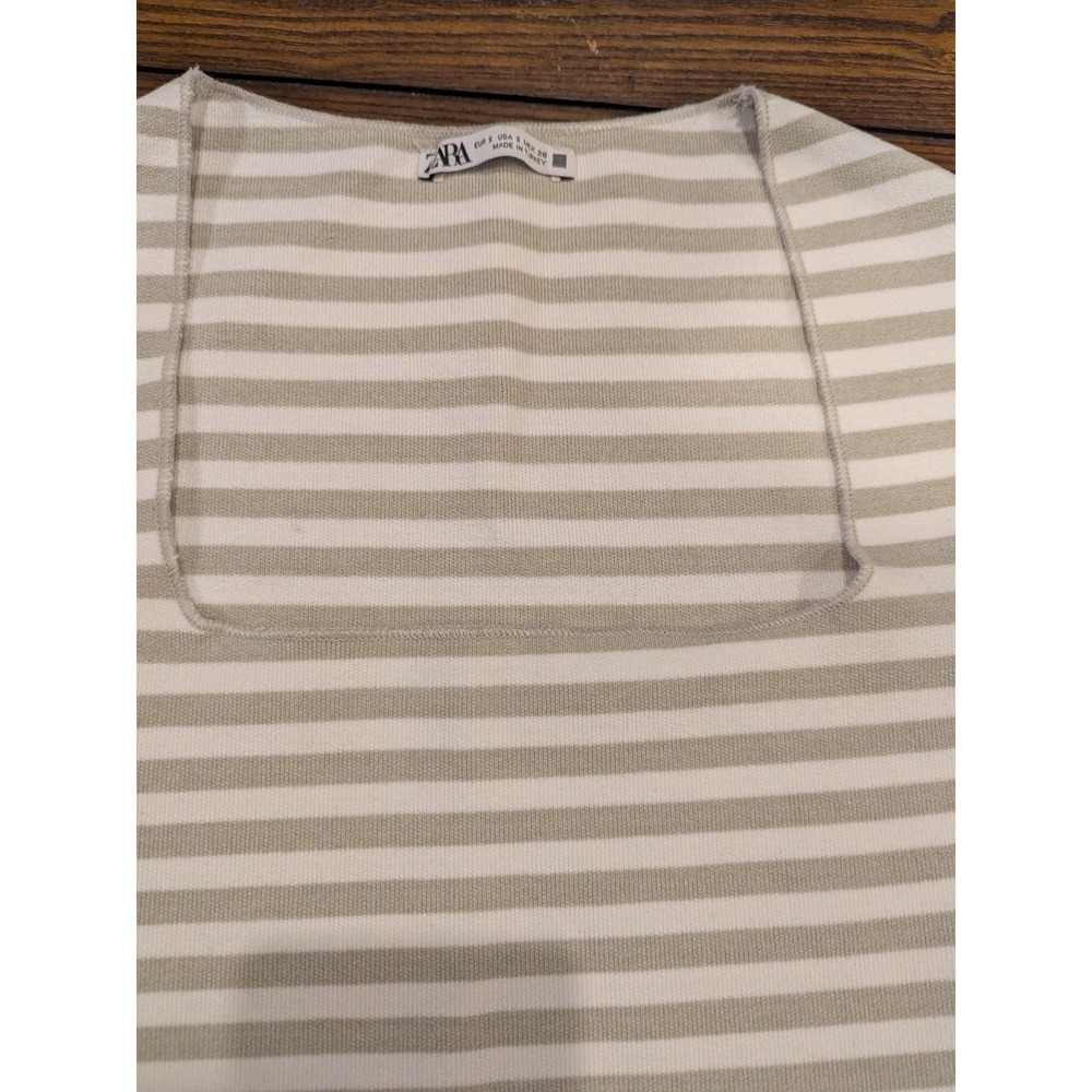 Zara Women's Cap Sleeve Crop Top Grey / White‎ Stripe Size Small Stretchy - Picture 5 of 9
